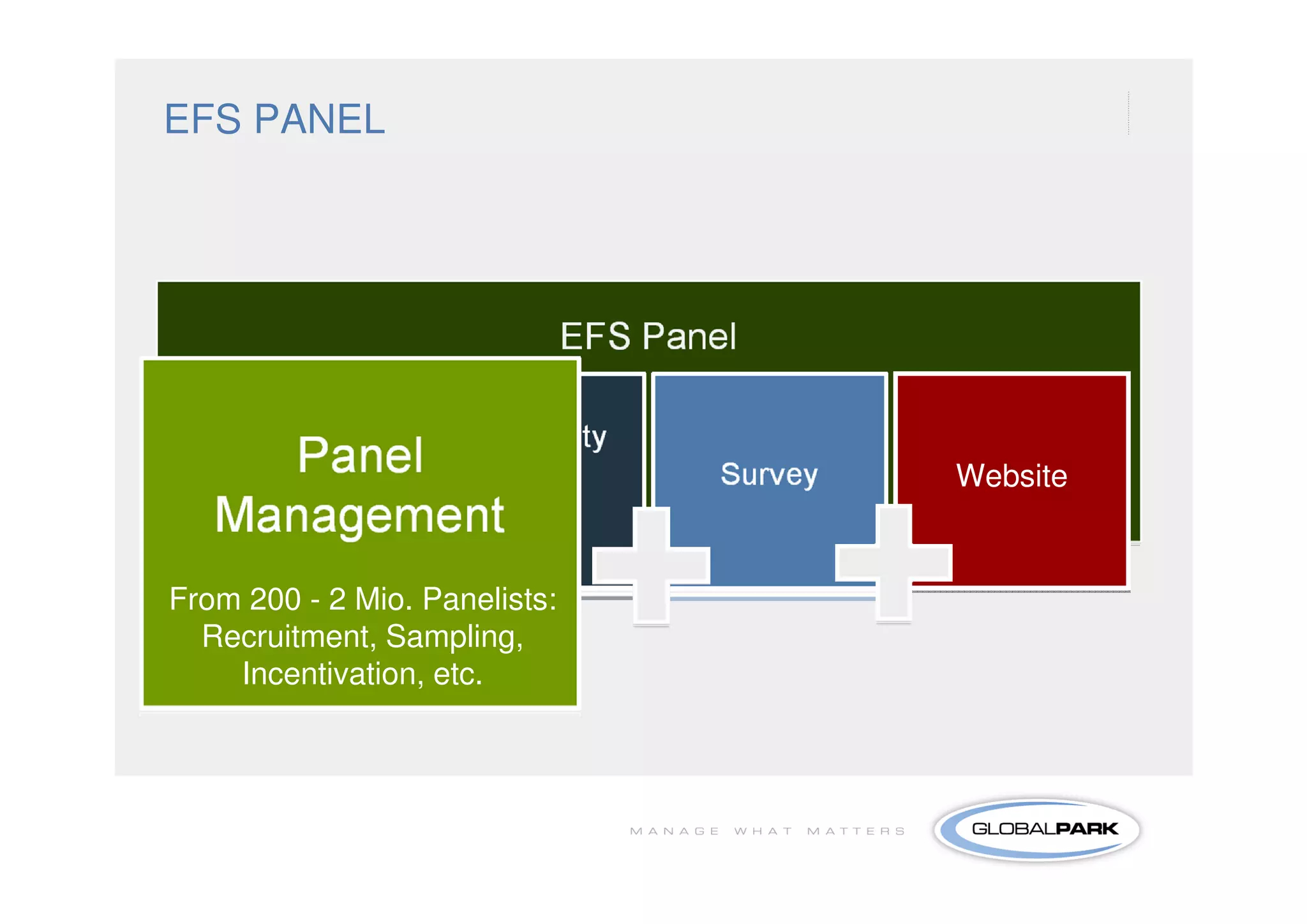 EFS PANEL




                               Website


From 200 - 2 Mio. Panelists:
  Recruitment, Sampling,
    Incentivation, etc.
 