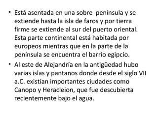 • Está asentada en una sobre península y se
extiende hasta la isla de faros y por tierra
firme se extiende al sur del puerto oriental.
Esta parte continental está habitada por
europeos mientras que en la parte de la
península se encuentra el barrio egipcio.
• Al este de Alejandría en la antigüedad hubo
varias islas y pantanos donde desde el siglo VII
a.C. existían importantes ciudades como
Canopo y Heracleion, que fue descubierta
recientemente bajo el agua.