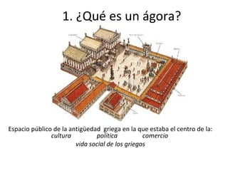 1. ¿Qué es un ágora?
Espacio público de la antigüedad griega en la que estaba el centro de la:
cultura política comercio
vida social de los griegos
 