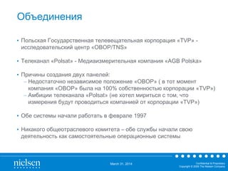 March 31, 2014 Confidential & Proprietary
Copyright © 2009 The Nielsen Company
• Польская Государственная телевещательная корпорация «TVP» -
исследовательский центр «OBOP/TNS»
• Телеканал «Polsat» - Медиаизмерительная компания «AGB Polska»
• Причины создания двух панелей:
– Недостаточно независимое положение «OBOP» ( в тот момент
компания «OBOP» была на 100% собственностью корпорации «TVP»)
– Амбиции телеканала «Polsat» (не хотел мириться с том, что
измерения будут проводиться компанией от корпорации «TVP»)
• Обе системы начали работать в феврале 1997
• Никакого общеотраслевого комитета – обе службы начали свою
деятельность как самостоятельные операционные системы
Объединения
 