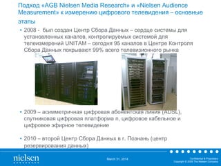 March 31, 2014 Confidential & Proprietary
Copyright © 2009 The Nielsen Company
Подход «AGB Nielsen Media Research» и «Nielsen Audience
Measurement» к измерению цифрового телевидения – основные
этапы
• 2008 - был создан Центр Сбора Данных – сердце системы для
установленных каналов, контролируемых системой для
телеизмерений UNITAM – сегодня 95 каналов в Центре Контроля
Сбора Данных покрывают 99% всего телевизионного рынка
• 2009 – асимметричная цифровая абонентская линия (ADSL),
спутниковая цифровая платформа n, цифровое кабельное и
цифровое эфирное телевидение
• 2010 – второй Центр Сбора Данных в г. Познань (центр
резервирования данных)
 