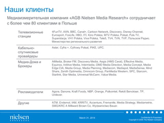 March 31, 2014 Confidential & Proprietary
Copyright © 2009 The Nielsen Company
Наши клиенты
Медиаизмерительная компания «AGB Nielsen Media Research» сотрудничает
с более чем 80 клиентами в Польше
Телевизионные
станции
4FunTV, AXN, BBC, Canal+, Cartoon Network, Discovery, Disney Channel,
Eurosport, FoxLife, HBO, ITI, Kino Polska, MTV Polska, Polsat, Puls TV,
Superstacja, VH1 Polska, Viva Polska, Tele5, TV4, TVN, TVP, Польское Радио,
Министерство регионального развития
Кабельно-
спутниковые
провайдеры
Aster, Cyfra +, Cyfrowy Polsat, PIKE, UPC.
Медиа-Дома и
Брокеры
AtMedia, Broker FM, Discovery Media, Aegis (HMS Carat), Effective Media,
Equinox, Inititive Media, Intermedia, OMD Media Direction, Media Concept, Media
Edge CIA, Media Group, Media Planning, Mediacom, Mediapol, MediaSense, Mind
Share, Zenith Optimedia, Omnicom Group, PanMedia Western, SPC, Starcom,
Starlink, Star Media, Universal McCann, Value Media.
Рекламодатели Agora, Danone, Kraft Foods, NBP, Orange, Polkomtel, Rekitt Benckiser, TP,
Unilever.
Другие ATM, Endemol, IAM, KRRiTV, Accenture, Fremantle, Media Strategy, Mediametrie,
SMG/KRC A Millward Brown Co, Wydawnictwo Bauer.
 