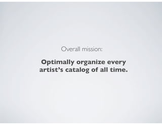 Overall mission:
Optimally organize every
artist’s catalog of all time.
 