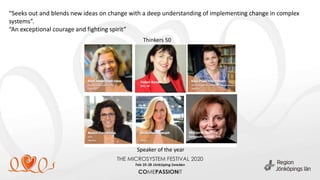 Thinkers 50
“Seeks out and blends new ideas on change with a deep understanding of implementing change in complex
systems”.
“An exceptional courage and fighting spirit”
Helen Bevan
NHS, UK
Marjorie Godfrey
Dartmouth Institute, USA
Speaker of the year
 
