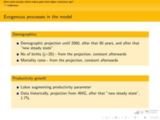 rst steady state calibrated to re
ect Polish economy in 1999 
Expectations 
under DB: leisure #, taxes #, welfare? 
under NDC: leisure #, pensions , welfare? 
under FDC: leisure #, pensions , welfare? 
What else makes the results less predictable? ! Labor supply adjustments, 
general equilibrium eects... 
 
