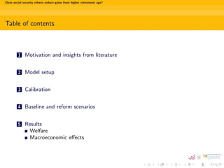 Does social security reform reduce gains from higher retirement age? 
Table of contents 
1 Motivation and insights from literature 
2 Model setup 
3 Calibration 
4 Baseline and reform scenarios 
5 Results 
Welfare 
Macroeconomic eects 
 