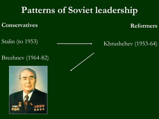 Patterns of Soviet leadership
Conservatives
Stalin (to 1953)
Brezhnev (1964-82)
Reformers
Khrushchev (1953-64)
 