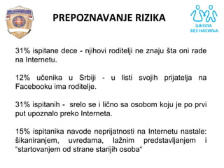 PREPOZNAVANJE RIZIKA
31% ispitane dece - njihovi roditelji ne znaju šta oni rade 
na Internetu. 
12%  učenika  u  Srbiji  -  u  listi  svojih  prijatelja  na 
Facebooku ima roditelje.
31% ispitanih -  srelo se i lično sa osobom koju je po prvi 
put upoznalo preko Interneta. 
15% ispitanika navode neprijatnosti na Internetu nastale: 
šikaniranjem,  uvredama,  lažnim  predstavljanjem  i 
“startovanjem od strane starijih osoba“
 