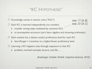 Geoff Gordon—OCWC—April 2014
“KC HYPOTHESIS”
Knowledge comes in atomic units (“KCs”)
Each KC is learned independently (no transfer)
‣ transfer among steps mediated by common KCs
‣ or prerequisite structure (can’t learn algebra w/o knowing arithmetic)
Each student has a (latent, scalar) proﬁciency level for each KC
‣ learn/forget = transition to a higher/lower proﬁciency level
Learning a KC happens only through exposure to that KC
‣ problem, worked example, lecture, real life, …
19
step 17: {A, B}

step 23: {A, C}
[Koedinger, Corbett, Perfetti. Cognitive Science, 2012]
 