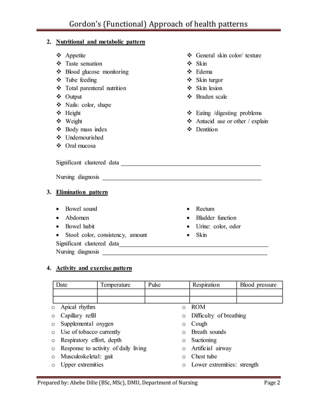 Gordon's (functional ) approach guide for nurses | DOCX