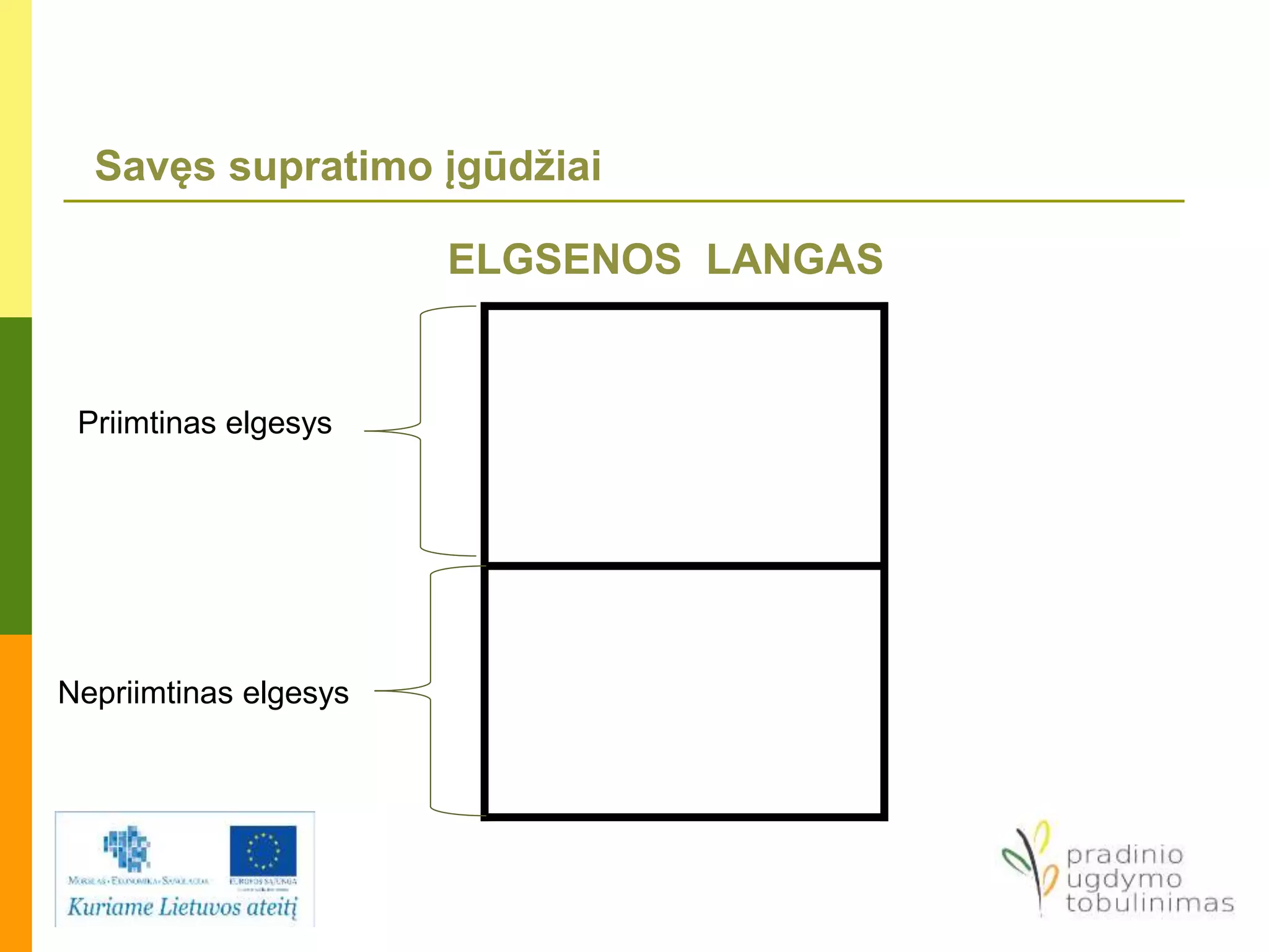 Savęs supratimo įgūdžiai
ELGSENOS LANGAS
Nepriimtinas elgesys
Priimtinas elgesys
 