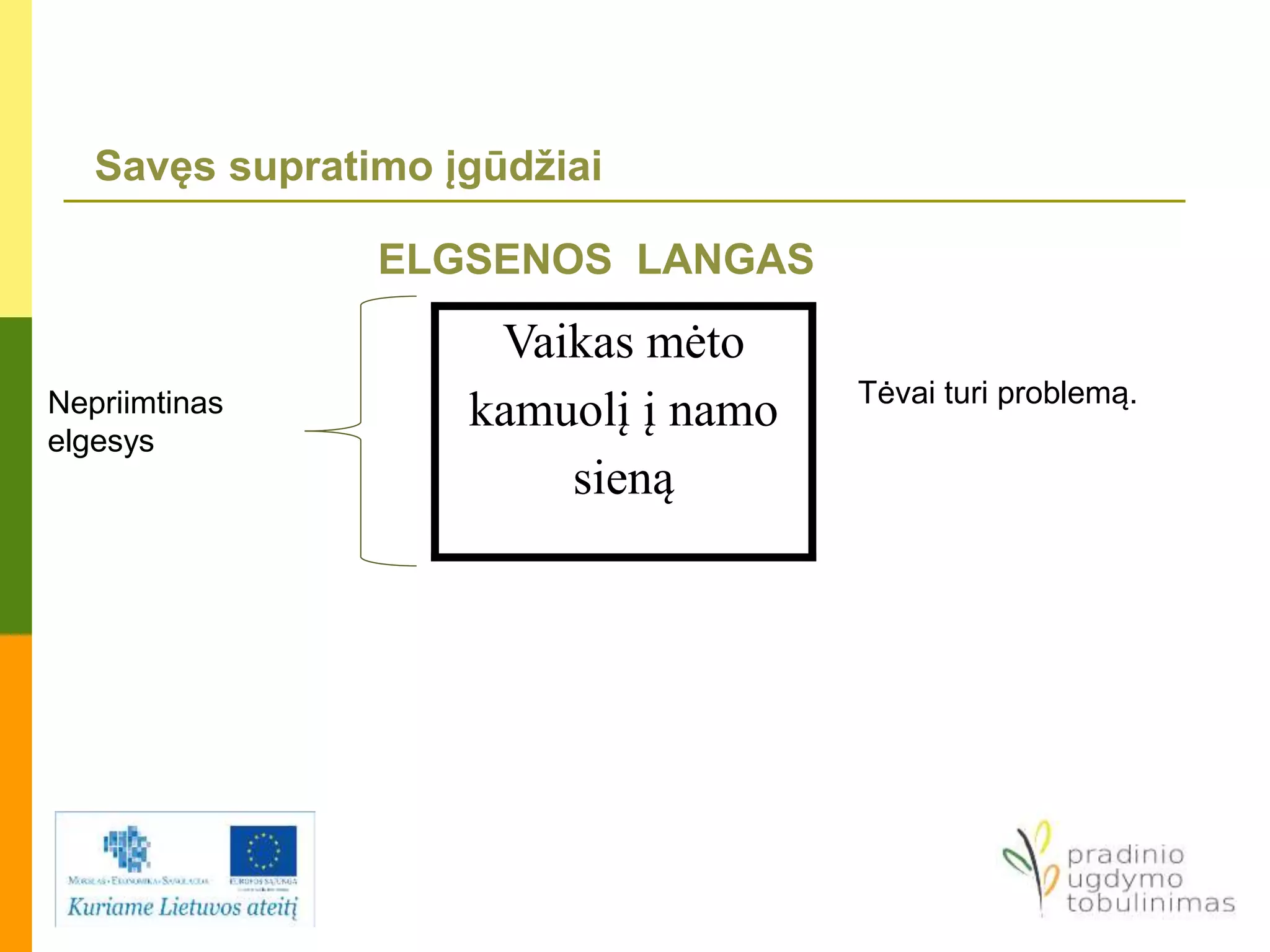 Savęs supratimo įgūdžiai
ELGSENOS LANGAS
Vaikas mėto
kamuolį į namo
sieną
Nepriimtinas
elgesys
Tėvai turi problemą.
 