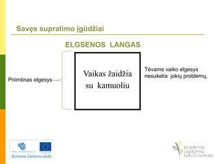 Savęs supratimo įgūdžiai
ELGSENOS LANGAS
Vaikas žaidžia
su kamuoliu
Priimtinas elgesys
Tėvams vaiko elgesys
nesukelia jokių problemų.
 