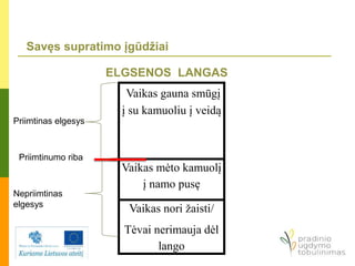 Savęs supratimo įgūdžiai
ELGSENOS LANGAS
Vaikas gauna smūgį
į su kamuoliu į veidą
Vaikas mėto kamuolį
į namo pusę
Vaikas nori žaisti/
Tėvai nerimauja dėl
lango
Priimtinas elgesys
Priimtinumo riba
Nepriimtinas
elgesys
 
