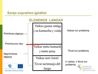 Savęs supratimo įgūdžiai
ELGSENOS LANGAS
Vaikas gauna smūgį
į su kamuoliu į veidą
Vaikas mėto kamuolį
į namo pusę
Vaikas nori žaisti/
Tėvai nerimauja dėl
lango
Priimtinas elgesys
Priimtinumo riba
Nepriimtinas
elgesys
Vaikas turi problemą
Tėvai turi problemą
Ir vaikas, ir tėvai turi
problemą
 