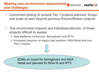 Meeting new environment requirements
and challenges

• Concurrent testing of several Tier 1 projects planned. Scope
  and scale of each beyond previous Eircom/Meteor projects

• Test environment impacts and interdependencies of these
  projects difficult to assess
         New platforms introduced: Springboard and IPTV
         Increased pressure on legacy test systems: NGA Retail and non
          Tier1 projects




             EDMs on board for Springboard and NGA
             Retail and planned for NGA-W and IPTV

 © eircom
 