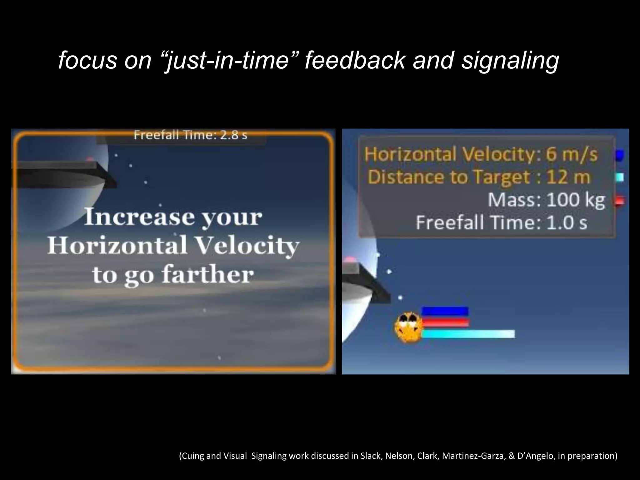 focus on “just-in-time” feedback and signaling (Cuing and Visual  Signaling work discussed in Slack, Nelson, Clark, Martinez-Garza, & D’Angelo, in preparation)