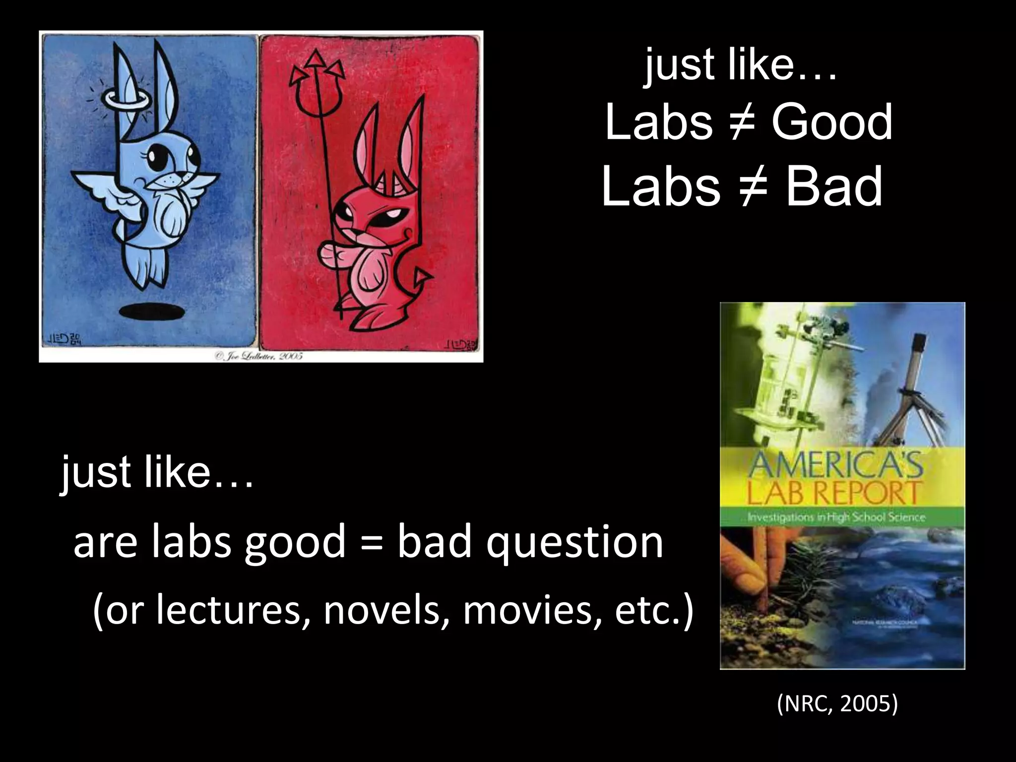 just like… Labs ≠ GoodLabs ≠ BadGajust like… are labs good = bad question   (or lectures, novels, movies, etc.)(NRC, 2005)