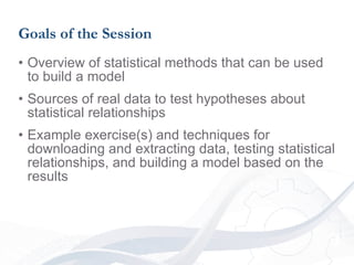 Goals of the Session Overview of statistical methods that can be used to build a model Sources of real data to test hypotheses about statistical relationships Example exercise(s) and techniques for downloading and extracting data, testing statistical relationships, and building a model based on the results 