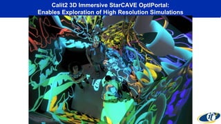 Calit2 3D Immersive StarCAVE OptIPortal:
Enables Exploration of High Resolution Simulations
Cluster with 30 Nvidia 5600 cards-60 GB Texture Memory
Source: Tom DeFanti, Greg Dawe, Calit2
Connected at 50 Gb/s to Quartzite
30 HD
Projectors!
15 Meyer Sound
Speakers +
Subwoofer
Passive Polarization--
Optimized the
Polarization Separation
and Minimized Attenuation
 