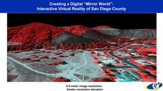 Creating a Digital “Mirror World”:
Interactive Virtual Reality of San Diego County
0.5 meter image resolution.
2meter resolution elevation
 