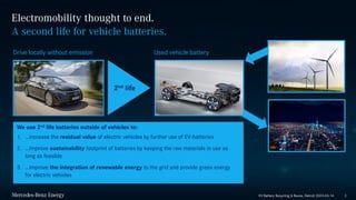Public
Electromobility thought to end.
A second life for vehicle batteries.
Drive locally without emission Used vehicle battery
2
We use 2nd life batteries outside of vehicles to:
1. …increase the residual value of electric vehicles by further use of EV-batteries
2. …improve sustainability footprint of batteries by keeping the raw materials in use as
long as feasible
3. …improve the integration of renewable energy to the grid and provide green energy
for electric vehicles
2nd life
EV Battery Recycling & Reuse, Detroit 2023-03-14
 