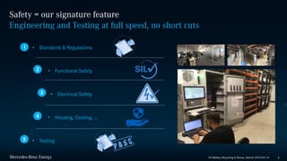 Public
Safety = our signature feature
Engineering and Testing at full speed, no short cuts
6
• Housing, Cooling, …
• Functional Safety
• Electrical Safety
1
2
3
4
5
• Standards & Regulations
• Testing
EV Battery Recycling & Reuse, Detroit 2023-03-14
 
