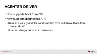 VCENTER DRIVER
•Now supports boot from ISO
•Now supports diagnostics API:
•Returns a variety of details and statistics over and above those from 
`nova show`
•$ nova diagnostics <instance>
 