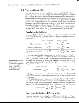72 C]HAP'fER I] . THE SI,{PLE K!]YNESIAN THEORY OF INCOIE DETERX'iINATION
3-5 The Multiplier Effect
Our conclusion thus far that equilibrium income equals $6,000 billion is
absolutely dependent on our assumption that autonomous planned spending
(Ar,) equals $1,500 billion. Any change in autonomous planned spending will
cairse a change in equilibrium income. To illustrate the consequences of a change
in A., we shall assume that business firms become more optimistic, raising their
g.t"dr as to the likely profitability of new investment projects. They increase their
investment spending by $500 billion, boosting Ao from $1,500 billion to $2,000
billion. In each situation where a change is described, a numbered subscript is
used to distinguish the original from the new situation. Thus 4o6 denotes the orig-
inal level of A, ($1,500 billion), and A4 denotes the new level ($2,000 billion).
Calculating the Multiplier
We can use (3.12) to calculate the equilibrium level of income in the new and old
situations. Note that only A,, changes; there is no change in the marginal Propen-
sity to save (s).
(,1'tl('l'.11 I itlt',ll Iittl'tll N r-r nrclic.r I F ra rtrp it'
2,000
Y,:; ^- : 8,000- u./-3
1,500
Y' : iru
: 6'ooo
Take new situation Y1 --
Subtract old situation Y,, :
A
^p7
s
4q
s
The multiplier is the ratio
of the change in output to
the change in autonomous
planned spending that
causes it. It is also 1.0
divided by the marginal
propensity to save.
(,t'rlet.ai I-tttc.lt' lrot rtt
AY 1
multiplier (k) : :
LAt, s
Equais change in income
multiplier (k)
AY:#:2,ooo (3.13)
AA,,
AY: -r
s
The top line of the table calculates the new level of income when A7,1rs at
the new value of 2,000. The second line calculates the original level of income
when,4,,,, is at the old value of 1,500. The change in income, abbreviated AY, is
simply the first line minus the second. The multiplier (k) is defined as the ratio
of the change in income (LY) to the change in planned autonomous spending
(LA) that causes it:
 Lr nit't'ica I l:x.t rrr ;r ie
Ar: 1 :4.0
LAr, 0.25
In Figure 3-5 we can see why the multiplier (k) is 7f s, or 4.0. Figure 3-5
reproduces from Figure 3-4 the original situation, with A, at its original value of
$1,500 billion.
The 9500 billion increase in A,causes the A,, line to shift upward by $500 bil-
lion and to intersect the fixed induced saving line at point /. Because only 25 per-
cent of extra income is saved, income must rise by $2,000 billion to generate the
required $500 billion increase in induced saving. In terms of the line segments:
R/ 1.. RB,
RB: s(slnces: Rl)
Example of the Multiplier Effect in Action
How does the magic of the multiplier work? One answer is given by Figure
3-5, which is based on the idea that the economy can be in equilibrium only
(3.14)
 