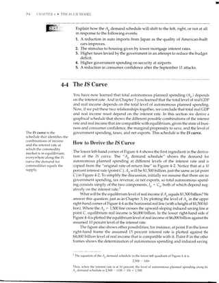 9+ ('ll,l)'l'flli ,1 . l'Hli IS-l.ll IlOt)El-
ffiNi' Explain how the A, demand schedule will shift to the left, right, or not at all
in response to the following events:
1. A reduction in auto imports from |apan as the quality of American-built
cars improves.
2. The stimulus to housing given by lower mortgage interest rates.
3. Higher taxes levied by the government in an attempt to reduce the budget
deficit.
4. Higher government spending on security at airports.
5. A reduction in consumer confidence after the September 11 attacks.
The 15 curve is the
schedule that identifies the
combinations of income
and the interest rate at
which the commodity
market is in equilibrium;
everywhere along the 15
curve the demand for
commodities equals the
supply.
4-4 The /S Curve
You have now learned that total autonomous planned spendrng (Ar) depends
on the interest rate. And in Chapter 3 you learned that the total level bf real GDP
and real income depends on the total level of autonomous planned spending.
Now, if we put these two relationships together, we conclude that total real GDP
and real income must depend on the interest rate. In this section we derive a
graphical schedule that shows the different possible combinations of the interest
rate and real income that are compatible with equilibrium, given the state of busi-
ness and consumer confidence, the marginal propensity to save, and the level of
government spending, taxes, and net exports. This schedule is the fS curve.
How to Derive the /S Curve
The lower left-hand corner of Figure 4-4 shows the first ingredient in the deriva-
tion of the 15 curve. The " Au demand schedule" shows the demand for
autonomous planned spending at different levels of the interest rate and is
copied from the "original rate-of-return line" in Figure 4-2. Notice that at a 10
percent interest rate (point C), At)will be $1,500 billion, just the same as (at point
C) in Figure 4-2.To simplify the discussion, initially we assume that there are no
government spending, tax revenue, or net exports, so total autonomous spend-
ing consists simply of the two components, 11., + Cn, both of which depend neg-
atively on the interest rate.'
Mhat will be the equilibrium level of real income if A,, equals $1,500 billion? We
answer this question, just as in Chapter 3,by plotting the level of A, in the upper
right-hand corner of Figure 4-4 as the horizontal red line (with a height of $1,500 bil-
lion). Wrere the An: 1,500line crosses the upward-sloping induced saving line at
point C, equilibrium real income is $6,000 billion. In the lower right-hand side of
Figure 4-4ts plotted the equilibrium level of real income of $6,000 billion against the
assumed 10 percent level of the interest rate.
The figure also shows other possibilities; for instance, at point B in the lower
right-hand frame the assumed 15 percent interest rate is plotted against the
$4,000 billion level of real income that is compatible with it. Point B in the other
frames shows the determination of autonomous spending and induced saving.
'The equation of the A,, demand schedule in the lower left quadrant of Figure 4-4 is:
2,500 - 100r
Thus, when the interest rate is at 10 percent, the level of autonomous planned spending along the
,4,, demand schedule is 2,500 - (100 x 10) : 1,539.
 