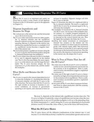 9(i ('H,Pl'llR -1 . 'IIJE IS LXI XIODEL
,^{
D r.,." the /S curve is so important and useful, we
pause here to study it more closely. (A full algebraic
treatment of the IS-LM model is given in the appendix
to Chapter 5.)
increase in transfers). Opposite changes will shift
the IS curve to the left.
Figure 4-5 illustrates the effect of a rightward shift in
the Ao demand schedule. The result is a rightward
shift in the 15 curve by an amount equal to the A,
shift times the multiplier.
The multiplier (k) transforms the A,, demand schedule
into the 15 curve. An increase in the multiplier (due,
for instance, to a smailer marginal propensity to
save) rotates or twists the 15 curve outward around
its intercept on the vertical interest rate axis. Thus
the higher the multiplier, the flatter the IS curve.
Anything that makes investment or consumption
demand less sensitive to the interest rate (for
instance, a tendency for firms to pay for investment
goods with internal funds rather than borrowed
funds) rotates or twists the IS curve upward around
its intercept on the horizontal income axis. Thus the
less sensitive the response of autonomous spending
to the interest rate, the steeper the 1S curve.
Diagram Ingredients and
Reasons for Slope
The vertical axis is the interest rate and the horizontal
axis is the level of income.
The 15 curve takes information from two other graphs,
the A, demand schedule and the equilibrium
betwei:n induced saving and autonomous planned
spending. Because A, depends on the interest rate,
and because equilibrium income is a multiple k) of
A' equilibrium income becomes a negative func-
tion of the interest rate.
The horizontal position (equilibrium income) along the
IS curve is equal to the horizontal position along the
A,, demand schedule times the multiplier k.
The 15 curve slopes down because income is a multipie
of A, and A, depends negatively on the interest
rate. The IS curve becomes flatter, the more respon-
sive is A,to the interest rate, and the larger the mul-
tiplier. The 1S curve becomes steeper, the less
responsive is A, to the interest rate, and the smaller
the multiplier.
What Shifts and Rotates the /S
Curve?
The IS curve is equal to the interest-dependent level of
A,, times the multiplier (k). Anything that shifts the
A,, demand schedule will shift the IS curve in the
sd*e direction. The factors that shift the IS curve to
the right include an increase in business or con-
sumer confidence, an increase in government
spending or net exports, and a decrease in taxes (or
What Is True of Points That Are off
the /S Curve?
The entire area to the left of each IS curve is character-
izedby too low a level of production and income for
the economy to be in equilibrium. There is unde-
sired inventory decumulation (negative unplanned
investment, lr,).
The entire area to the right of each IS curve is charac-
terized by too high a level of production and income
for the economy to be in equilibrium. There is unde-
sired inventory accumulation (positive unplanned
investment, Ir,).
At any point off the /S curve there is pressure for busi-
ness firms to adjust production until the economy
returns to the 15 curve.
Because A, depends on the interest rate, equilibrium income does also. The
15 ctrrve in Figure 4-4plots the values of equilibrium real income when the mar-
ginal propensity to save is 0.25 and the multiplier is 4.0, as in the preceding chap-
ter. Notice that points B, C, and D along the 15 curve are all plotted at a horizontal
distance exactly 4.0 times the value of the A, line in the lower left-hand frame.
What the /S Curve Shows
The 15 curve shows all the different combinations of the interest rate (r) and
income (Y ) atwhich the economy's market for commodities (goods and services)
 