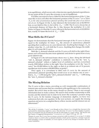 cl7
is in equilibrium, which occurs only when income equals planned expenditures.
At any point off the 15 curve the economy is out of equilibrium.
It will be convenient to have a label for the horizontal position of the A,,line,
since this in turn will affect the horizontal position of the 1S curve.'' Let us deJine
A',, as the unlue of autonomous plnnned spendiug thnt would take plnce at 0n interest
rnte of zero.In Figure 4-4 the A, line intersects the horizontal axis at $2,500 bil-
iion, so our label for this A,, line will be A'rn : 2,500. The IS curve always lies at
a horizontal distance 4.0'times the A,, line, because the multiplier (k) rs 4.0.
Notice in Figure 4-4that the 15 curve intersects the horizontal axis at $10,000 bil-
lion, exactly 4.0 times the level of A'po: 2,500.
What Shifts the IS Curve?
Figure 4-4 demonstrates that the horizontal intercept of the 15 curve is always
equal to the multiplier (k) times A',,0, tL.e amount of autonomous planned
spending that would occur at a zero interest rate. Anything that changes Ai,n to
another value like Ai,r will shift the 1S curve. Anything that changes the multi-
plier (k) will rotate the 15 clrrve.
Both the A, demand schedule and the 15 curve will shift to the right if busi-
nesses and consumers become more optimistic and desire to spend more at any
given interest rate.
In Figure 4-5, the ieft-hand frame shows two A,lines. Along the left-hand
"old An demand schedule" confidence is relatively low, but the "new A,
deman& schedule" reflects a higher level of confidence and lies everywherb
exactly $500 billion farther to the right. Since the mtrltiplier is 4.0, the "new 15
curve" lies $2,000 billion to the right, so that at an interest rate of 10 percent,
equilibrium real income is $8,000 billion at point F.
Once again, it is convenient to label each IS curve by the amount of
autonomous planned spending that would occur at an interest rate of zero-
that is, A'p, : 2,500 along the "old ,,4.,, demand schedule" and A'u, : 3,000 along
the "new A,, demand schedule."
The Missing Relation
The 15 curve is like a menu, providing us with innumerable combinations of
interest rates and income that are consistent with equilibrium in the commodity
market. But which item on the menu should we choose? There is not enough
information here to make a choice. We need to find another relationship to link
income and the interest rate in order to tie down the economy's position along
the 15 curve. In the familiar langr-rage of elementary algebra, we have two
unknowns but only one equation. In the next sections, we supply the missing
equation and arrive at a complete theory of how income and the interest rate are
determined."
3We call the IS schedule a " cLrrve," even though we have drawn it as a straight line-, becanse in the
real world the relationship might be a cun'e. Also the' term "IS cttrve" h.ls t'reen iamiliair to genera-
tions of economists since its invention by the late Sir John Hicks iu a classic article, "Mr. Keynes and
the Classics: A Suggested Interpretation," Ecortornctricn, r.ol. 5 (April 7937), pp. 747 -159 .
aDespite its nerme, the 15 cllrve has no unique connection with investment (1) clr saving /S). It shifts
whenever there is a shift in the A,, demand schedule, which can tre causecl by a change in govern-
ment spending, in taxes or transfdrs, or in net exports, as well as by changes in business and con-
sumer confidence.
 