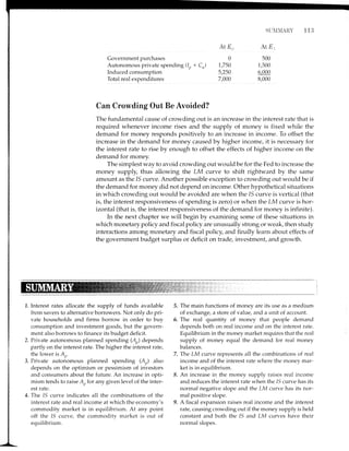 SL]NIIIARY
At O.,
500
1,500
6,000
8,000
113
Covernment purchases
Autonomous private spending (lp + Ca)
lndtrced consumption
Total real expenditures
At E0
0
7,750
5 ?50
z;,ntoo
Can Crowding Out Be Avoided?
The fundamental cause of crowding out is an increase in the interest rate that is
required whenever income rises and the supply of money is fixed while the
demand for money responds positively to an increase in income. To offset the
increase in the demand for money caused by higher income, it is necessary for
the interest rate to rise by enough to offset the effects of higher income on the
demand for money.
The simplest way to avoid crowding out would be for the Fed to increase the
money supply, thus allowing the LM curve to shift rightward by the same
amount as the /S curve. Another possible exception to crowding out would be if
the demand for money did not depend on income. Other hypothetical situations
in which crowding out would be avoided are when the 15 curve is vertical (that
is, the interest responsiveness of spending is zero) or when the LM curve is hor-
izontal (that is, the interest responsiveness of the demand for money is infinite).
In the next chapter we will begin by examining some of these situations in
which monetary policy and fiscal policy are unusually strong or weak, then study
interactions among monetary and fiscal policy, and finally learn about effects of
the government budget surplus or deficit on trade, investment, and growth.
1. Interest rates allocate the supply of funds available
from savers to alternative borrowers. Not only do pri-
vate households and firms borrow in order to buy
consumption and investment goods, but the govern-
ment also borrows to finance its budget deficit.
2. Private autonomous plannecl spending W) depends
partly on the interest rate. The higher the interest rate,
the lower is A,,.
3. Private autoiomous planned spending (Ar) also
depends on the optimism or pessimism of investors
and consumers about the future. An increase in optr-
mism tends to raise A, for any given level of the inter-
est rate.
4. The 1S curve indicates all the combinations of the
interest rate and real income at which the economy's
commodity market is in equilibrium. At any point
off the IS curve, the commoditv market is out of
equilibrium.
5. The main functions of money are its use as a medium
of exchange, a store of value, and a trnit of account.
6. The real quantity of money that people demand
depends both on real income and on the interest rate.
Equilibrium in the money market requires that the real
supply of money equal the demand for real money
balances.
7. The LM curve represents all the combinations of real
income and of the interest rate where the money mar-
ket is in equilibrium.
8. An increase in the money supply raises real income
and reduces the interest rate when the 15 curve has its
normal negative slope and the LM curve has its nor-
mal positive slope.
9. A fiscal expansion raises reai income and the interest
rate, causing crowding out if the money supply is held
constant and both the 15 and LM curves have their
normai slopes.
 