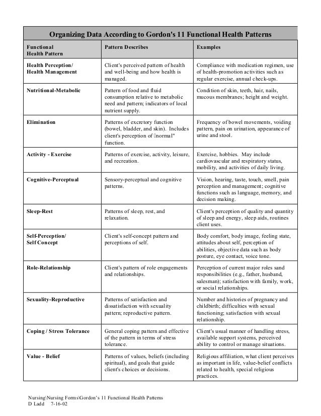 Gordon S Functional Health Patterns Chart