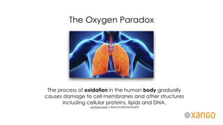 The process of oxidation in the human body gradually
causes damage to cell membranes and other structures
including cellular proteins, lipids and DNA.
-amherst.edu • Reports/BetterHealth
The Oxygen Paradox
 