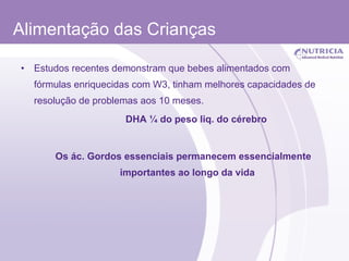 Alimentação das Crianças Estudos recentes demonstram que bebes alimentados com fórmulas enriquecidas com W3, tinham melhores capacidades de resolução de problemas aos 10 meses. DHA ¼ do peso liq. do cérebro Os ác. Gordos essenciais permanecem essencialmente importantes ao longo da vida  