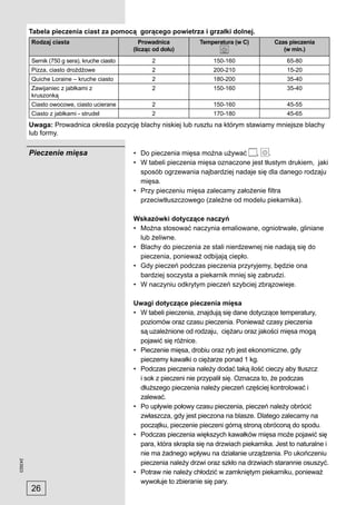Tabela pieczenia ciast za pomocą gorącego powietrza i grzałki dolnej.
         Rodzaj ciasta                           Prowadnica          Temperatura (w C)         Czas pieczenia
                                              (licząc od dołu)                                    (w min.)
         Sernik (750 g sera), kruche ciasto          2                    150-160                   65-80
         Pizza, ciasto drożdżowe                     2                    200-210                   15-20
         Quiche Loraine – kruche ciasto              2                    180-200                   35-40
         Zawijaniec z jabłkami z                     2                    150-160                   35-40
         kruszonką
         Ciasto owocowe, ciasto ucierane             2                    150-160                   45-55
         Ciasto z jabłkami - strudel                 2                    170-180                   45-65
         Uwaga: Prowadnica określa pozycję blachy niskiej lub rusztu na którym stawiamy mniejsze blachy
         lub formy.

         Pieczenie mięsa                      • Do pieczenia mięsa można używać ,         .
                                              • W tabeli pieczenia mięsa oznaczone jest tłustym drukiem, jaki
                                                sposób ogrzewania najbardziej nadaje się dla danego rodzaju
                                                mięsa.
                                              • Przy pieczeniu mięsa zalecamy założenie ﬁltra
                                                przeciwtłuszczowego (zależne od modelu piekarnika).

                                              Wskazówki dotyczące naczyń
                                              • Można stosować naczynia emaliowane, ogniotrwałe, gliniane
                                                lub żeliwne.
                                              • Blachy do pieczenia ze stali nierdzewnej nie nadają się do
                                                pieczenia, ponieważ odbijają ciepło.
                                              • Gdy pieczeń podczas pieczenia przyryjemy, będzie ona
                                                bardziej soczysta a piekarnik mniej się zabrudzi.
                                              • W naczyniu odkrytym pieczeń szybciej zbrązowieje.

                                              Uwagi dotyczące pieczenia mięsa
                                              • W tabeli pieczenia, znajdują się dane dotyczące temperatury,
                                                poziomów oraz czasu pieczenia. Ponieważ czasy pieczenia
                                                są uzależnione od rodzaju, ciężaru oraz jakości mięsa mogą
                                                pojawić się różnice.
                                              • Pieczenie mięsa, drobiu oraz ryb jest ekonomiczne, gdy
                                                pieczemy kawałki o ciężarze ponad 1 kg.
                                              • Podczas pieczenia należy dodać taką ilość cieczy aby tłuszcz
                                                i sok z pieczeni nie przypalił się. Oznacza to, że podczas
                                                dłuższego pieczenia należy pieczeń częściej kontrolować i
                                                zalewać.
                                              • Po upływie połowy czasu pieczenia, pieczeń należy obrócić
                                                zwłaszcza, gdy jest pieczona na blasze. Dlatego zalecamy na
                                                początku, pieczenie pieczeni górną stroną obróconą do spodu.
                                              • Podczas pieczenia większych kawałków mięsa może pojawić się
                                                para, która skrapla się na drzwiach piekarnika. Jest to naturalne i
                                                nie ma żadnego wpływu na działanie urządzenia. Po ukończeniu
243923




                                                pieczenia należy drzwi oraz szkło na drzwiach starannie osuszyć.
                                              • Potraw nie należy chłodzić w zamkniętym piekarniku, ponieważ
                                                wywołuje to zbieranie się pary.
         26
 