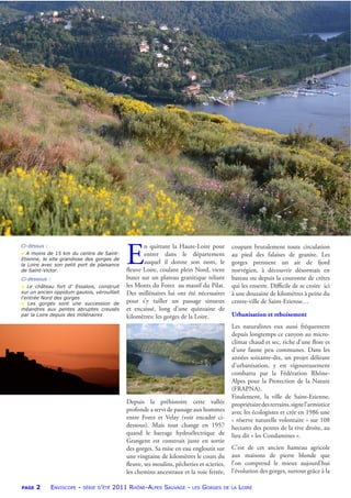 PAGE 2 ENVISCOPE - SÉRIE D’ÉTÉ 2011 RHÔNE-ALPES SAUVAGE - LES GORGES DE LA LOIRE
Ci-dessus :
● A moins de 15 km du centre de Saint-
Etienne, le site grandiose des gorges de
la Loire avec son petit port de plaisance
de Saint-Victor.
Ci-dessous :
● Le château fort d’ Essalois, construit
sur un ancien oppidum gaulois, vérouillait
l’entrée Nord des gorges
● Les gorges sont une succession de
méandres aux pentes abruptes creusés
par la Loire depuis des millénaires
E
n quittant la Haute-Loire pour
entrer dans le département
auquel il donne son nom, le
ﬂeuve Loire, coulant plein Nord, vient
buter sur un plateau granitique reliant
les Monts du Forez au massif du Pilat.
Des millénaires lui ont été nécessaires
pour s’y tailler un passage sinueux
et encaissé, long d’une quinzaine de
kilomètres: les gorges de la Loire.
Depuis la préhistoire cette vallée
profonde a servi de passage aux hommes
entre Forez et Velay (voir encadré ci-
dessous). Mais tout change en 1957
quand le barrage hydroélectrique de
Grangent est construit juste en sortie
des gorges. Sa mise en eau engloutit sur
une vingtaine de kilomètres le cours du
ﬂeuve, ses moulins, pêcheries et scieries,
les chemins ancestraux et la voie ferrée,
coupant brutalement toute circulation
au pied des falaises de granite. Les
gorges prennent un air de fjord
norvégien, à découvrir désormais en
bateau ou depuis la couronne de crêtes
qui les enserre. Diﬃcile de se croire ici
à une douzaine de kilomètres à peine du
centre-ville de Saint-Etienne…
Urbanisation et reboisement
Les naturalistes eux aussi fréquentent
depuis longtemps ce canyon au micro-
climat chaud et sec, riche d’une ﬂore et
d’une faune peu communes. Dans les
années soixante-dix, un projet délirant
d’urbanisation, y est vigoureusement
combattu par la Fédération Rhône-
Alpes pour la Protection de la Nature
(FRAPNA).
Finalement, la ville de Saint-Etienne,
propriétairedesterrains,signel’armistice
avec les écologistes et crée en 1986 une
« réserve naturelle volontaire » sur 108
hectares des pentes de la rive droite, au
lieu dit « les Condamines ».
C’est de cet ancien hameau agricole
aux maisons de pierre blonde que
l’on comprend le mieux aujourd’hui
l’évolution des gorges, surtout grâce à la
 