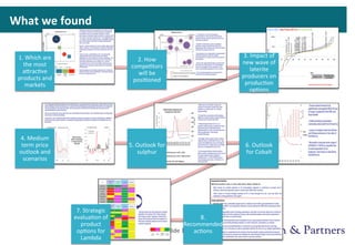 What	
  we	
  found	
  
Slide	
  18	
  
1.	
  Which	
  are	
  
the	
  most	
  
aerac>ve	
  
products	
  and	
  
markets	
  
2.	
  How	
  
compe>tors	
  
will	
  be	
  
posi>oned	
  
3.	
  Impact	
  of	
  
new	
  wave	
  of	
  
laterite	
  
producers	
  on	
  
produc>on	
  
op>ons	
  
4.	
  Medium	
  
term	
  price	
  
outlook	
  and	
  
scenarios	
  
5.	
  Outlook	
  for	
  
sulphur	
  
6.	
  Outlook	
  
for	
  Cobalt	
  
7.	
  Strategic	
  
evalua>on	
  of	
  
product	
  
op>ons	
  for	
  
Lambda	
  
8.	
  
Recommended	
  
ac>ons	
  
 