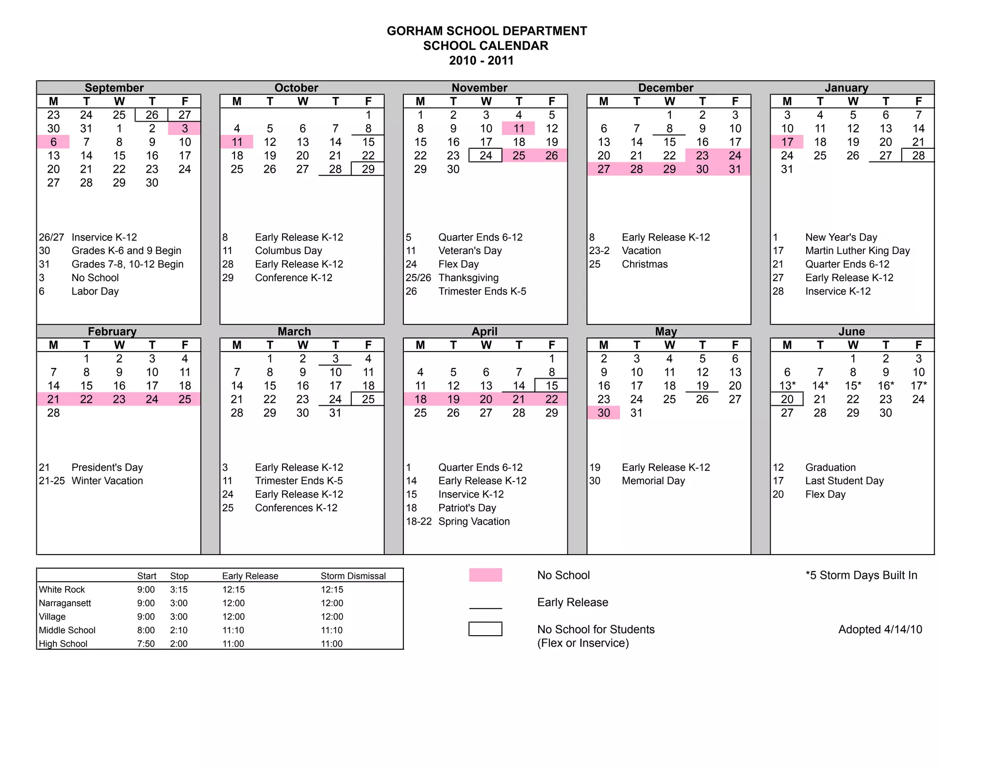Gorham school calendar PDF National & Civic Holidays Holidays