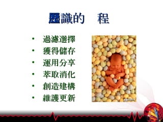 知識的歷程 過濾選擇 獲得儲存 運用分享 萃取消化 創造建構 維護更新 