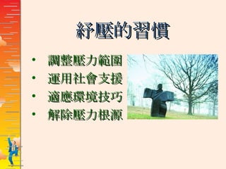 紓壓的習慣 調整壓力範圍 運用社會支援 適應環境技巧 解除壓力根源 