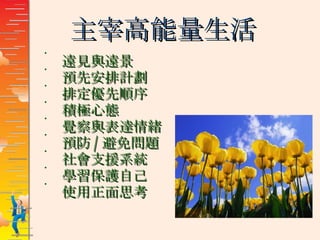 主宰高能量生活 遠見與遠景 預先安排計劃 排定優先順序 積極心態 覺察與表達情緒 預防 / 避免問題 社會支援系統 學習保護自己 使用正面思考 