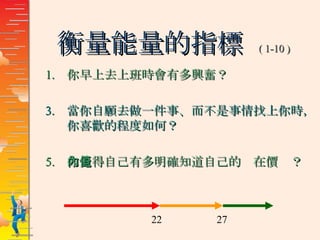 衡量能量的指標  ( 1-10 ) 你早上去上班時會有多興奮？ 當你自願去做一件事、而不是事情找上你時，你喜歡的程度如何？ 你覺得自己有多明確知道自己的內在價值？ 22  27 