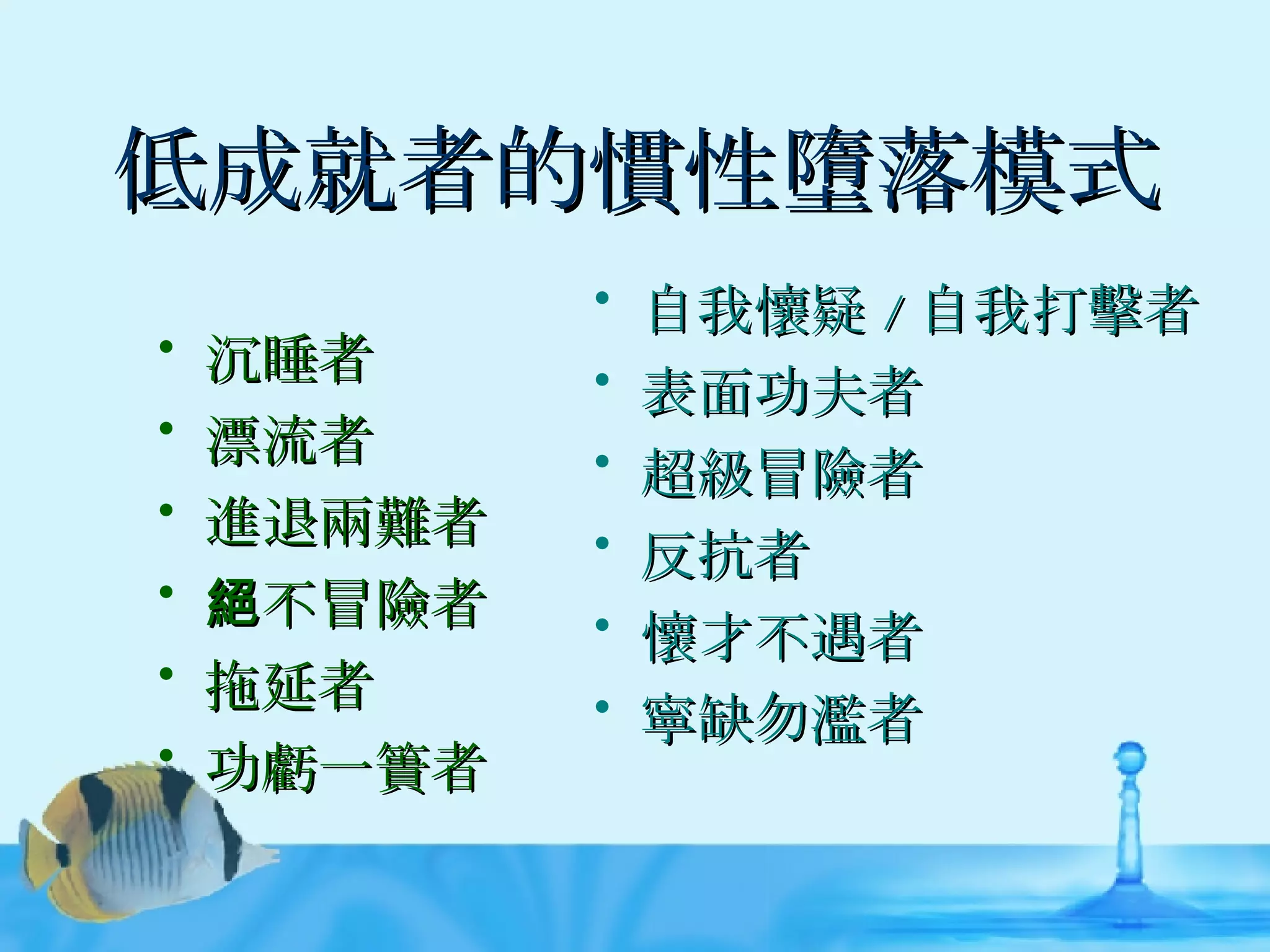 低成就者的慣性墮落模式 沉睡者 漂流者 進退兩難者 絕不冒險者 拖延者 功虧一簣者 自我懷疑 / 自我打擊者 表面功夫者 超級冒險者 反抗者 懷才不遇者 寧缺勿濫者 