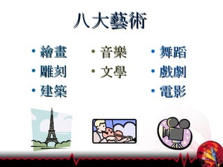 八大藝術 繪畫 雕刻 建築 舞蹈 戲劇 電影 音樂 文學 