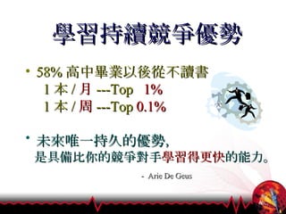 學習持續競爭優勢 58% 高中畢業以後從不讀書 1 本 / 月 ---Top  1% 1 本 / 周 ---Top  0.1% 未來唯一持久的優勢， 是具備比你的競爭對手 學習得更快 的能力。 -  Arie De Geus 