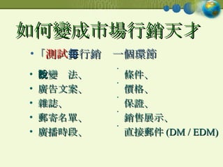 如何變成市場行銷天才   改變說法、 廣告文案、 雜誌、 郵寄名單、 廣播時段、 條件、 價格、 保證、 銷售展示、 直接郵件 (DM / EDM) 「 測試 」行銷每一個環節 