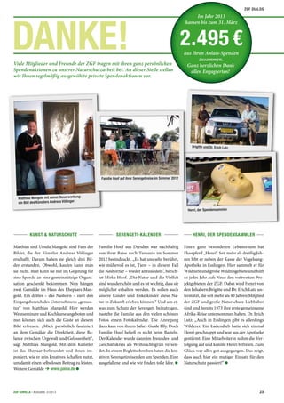 HENRI, DER SPENDENSAMMLERKUNST & NATURSCHUTZ SERENGETI-KALENDER
DANKE!Viele Mitglieder und Freunde der ZGF tragen mit ihren ganz persönlichen
Spendenaktionen zu unserer Naturschutzarbeit bei. An dieser Stelle stellen
wir Ihnen regelmäßig ausgewählte private Spendenaktionen vor.
Einen ganz besonderen Lebensraum hat
Flusspferd „Henri“. Seit mehr als dreißig Jah-
ren lebt er neben der Kasse der Vogelsang-
Apotheke in Esslingen. Hier sammelt er für
Wildtiere und große Wildnisgebiete und hilft
so jedes Jahr aufs Neue den weltweiten Pro-
jektgebieten der ZGF. Dabei wird Henri von
den Inhabern Brigitte und Dr. Erich Lutz un-
terstützt, die seit mehr als 40 Jahren Mitglied
der ZGF und große Naturschutz-Liebhaber
sind und bereits 1973 ihre erste gemeinsame
Afrika-Reise unternommen haben. Dr. Erich
Lutz: „Auch in Esslingen gibt es allerdings
Wilderer. Ein Ladendieb hatte sich einmal
Henri geschnappt und war aus der Apotheke
gestürmt. Eine Mitarbeiterin nahm die Ver-
folgung auf und konnte Henri befreien. Zum
Glück war alles gut ausgegangen. Das zeigt,
dass auch hier ein mutiger Einsatz für den
Naturschutz passiert!“
Familie Hoof aus Dresden war nachhaltig
von ihrer Reise nach Tansania im Sommer
2012 beeindruckt. „Es hat uns sehr berührt,
wie mühevoll es ist, Tiere – in diesem Fall
die Nashörner – wieder anzusiedeln“, berich-
tet Mirka Hoof. „Die Natur und die Vielfalt
sind wunderschön und es ist wichtig, dass sie
möglichst erhalten werden. Es sollen auch
unsere Kinder und Enkelkinder diese Na-
tur in Zukunft erleben können.“ Und um et-
was zum Schutz der Serengeti beizutragen,
bastelte die Familie aus den vielen schönen
Fotos einen Fotokalender. Die Anregung
dazu kam von ihrem Safari-Guide Elly. Doch
Familie Hoof beließ es nicht beim Basteln.
Der Kalender wurde dann im Freundes- und
Geschäftskreis als Weihnachtsgruß versen-
det. In einem Begleitschreiben baten die kre-
ativen Serengetireisenden um Spenden. Eine
ausgefallene und wie wir finden tolle Idee.
Matthias und Ursula Mangold sind Fans der
Bilder, die der Künstler Andreas Völlinger
erschafft. Darum haben sie gleich drei Bil-
der erstanden. Obwohl, kaufen kann man
sie nicht. Man kann sie nur im Gegenzug für
eine Spende an eine gemeinnützige Organi-
sation geschenkt bekommen. Nun hängen
zwei Gemälde im Haus des Ehepaars Man-
gold. Ein drittes – das Nashorn – ziert den
Eingangsbereich des Unternehmens „genuss-
tur“ von Matthias Mangold. Hier werden
Weinseminare und Kochkurse angeboten und
nun können sich auch die Gäste an diesem
Bild erfreuen. „Mich persönlich fasziniert
an dem Gemälde die Direktheit, diese Ba-
lance zwischen Urgewalt und Gelassenheit“,
sagt Matthias Mangold. Mit dem Künstler
ist das Ehepaar befreundet und ihnen im-
poniert, wie er sein kreatives Schaffen nutzt,
um damit einen selbstlosen Beitrag zu leisten.
Weitere Gemälde Ú www.paina.de
Matthias Mangold mit seiner Neuerwerbung:
ein Bild des Künstlers Andreas Völlinger
Brigitte und Dr. Erich Lutz
2.495 €aus Ihren Anlass-Spenden
zusammen.
Ganz herzlichen Dank
allen Engagierten!
Im Jahr 2013
kamen bis zum 31. März
Henri, der Spendensammler
Familie Hoof auf ihrer Serengetireise im Sommer 2012
25ZGF GORILLA | AUSGABE 2/2013
ZGF DIALOG
 