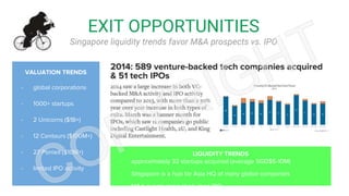 EXIT OPPORTUNITIES
Singapore liquidity trends favor M&A prospects vs. IPO
VALUATION TRENDS
- global corporations
- 1000+ startups
- 2 Unicorns ($1B+)
- 12 Centaurs ($100M+)
- 27 Ponies ($10M+)
- limited IPO activity
LIQUIDITY TRENDS
- approximately 32 startups acquired (average SGD$5-10M)
- Singapore is a hub for Asia HQ of many global companies
- M&A events more likely than IPO
 